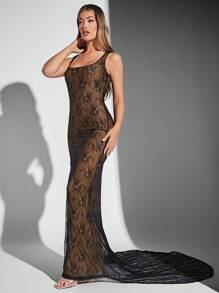 Hauture Women Dresses Sheer Bunga All Over Print Pola Bertekstur Seksi - Hitam - View 6