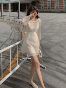 DAZY Vestido corto de verano de manga abullonada para mujer con cintura ajustada y manga larga - Blanco - Ver 2
