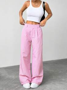 SHEIN EZwear Pantalon droit décontracté à rayures roses pour un style décontracté à la maison - Rose bonbon - Voir 6