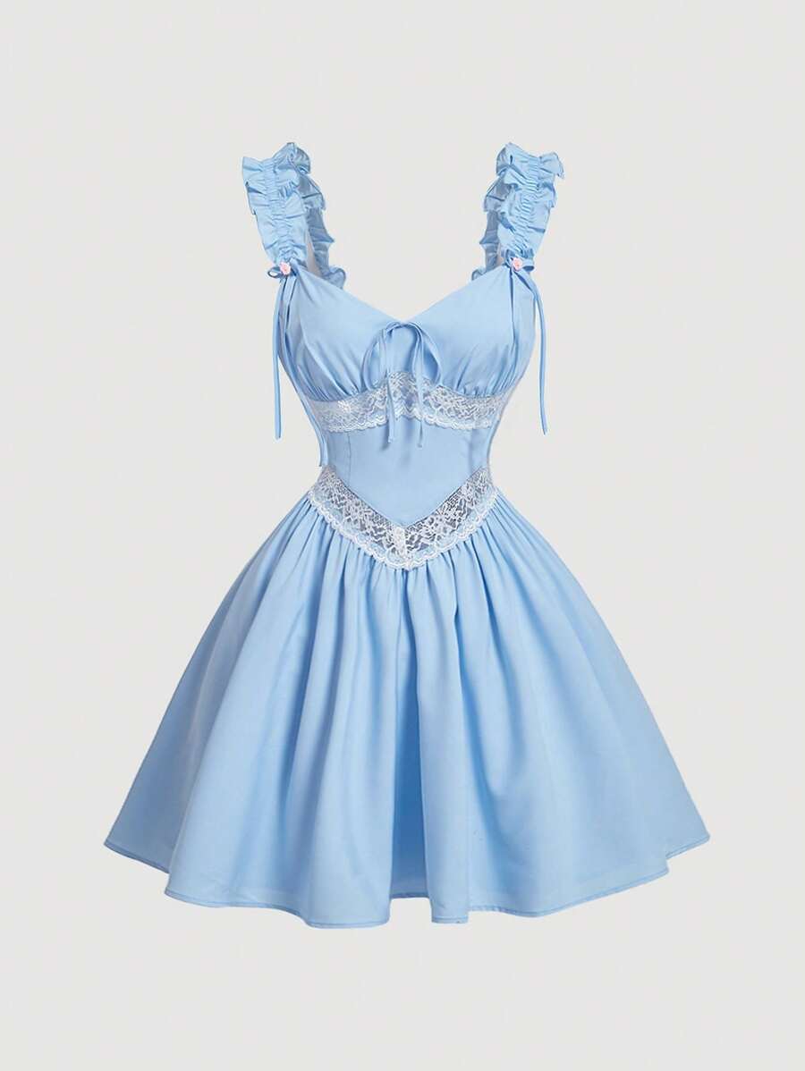 SHEIN MOD Vestido de hada con tirantes, de estilo dulce y romántico, con encaje azul, empalme y volantes en el bajo - Azul - Ver 1