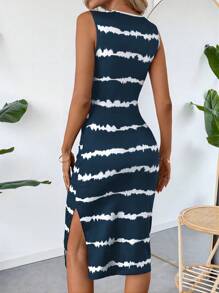 SHEIN LUNE Women's Casual Tie-Dye Twisted Knot Side Slit Sleeveless Bodycon Dress, Summer