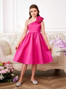 SHEIN Tween Girl Graduation Party Spring/Summer Woven Mono-Shoulder Dress With 3D Flower Embellishments - Hot Pink - View 1