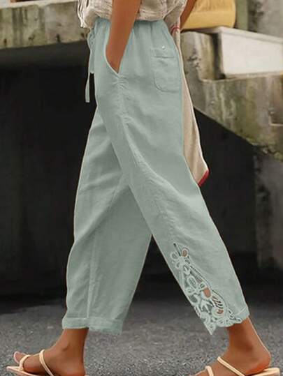 SHEIN Frenchy Overalls Carrot Pants, Summer Pants, Breathable Fabric, Linen, Wedding Season Essential, Loose Fit, Casual Style, French Style, Lace Panels Winter