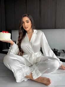 SHEIN Multi-Layered Lace Wide Sleeve Silk Imitation Plus Size Women's Pajamas Set With Pants White Set, Fall Winter Clothes - White - View 4