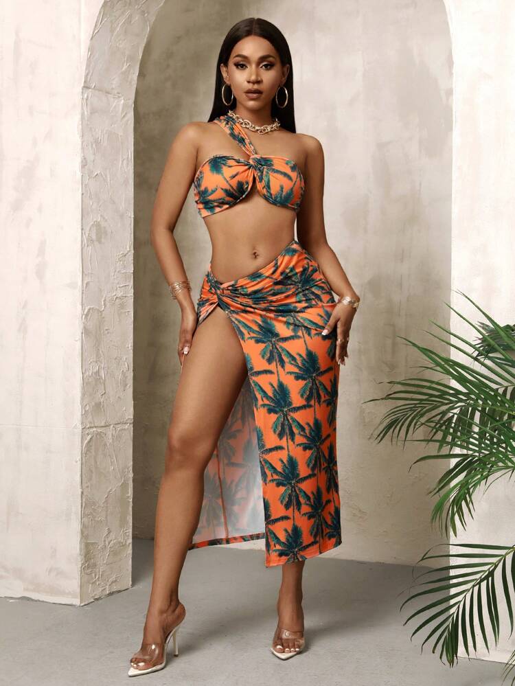 Cropped Top High Slit Long Skirt Coconut Print Orange Two-Piece Set
