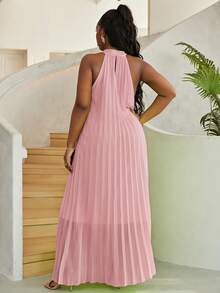 Astrid Plus Size Women Solid Color Halter Pleated Loose Fit Sleeveless Dress