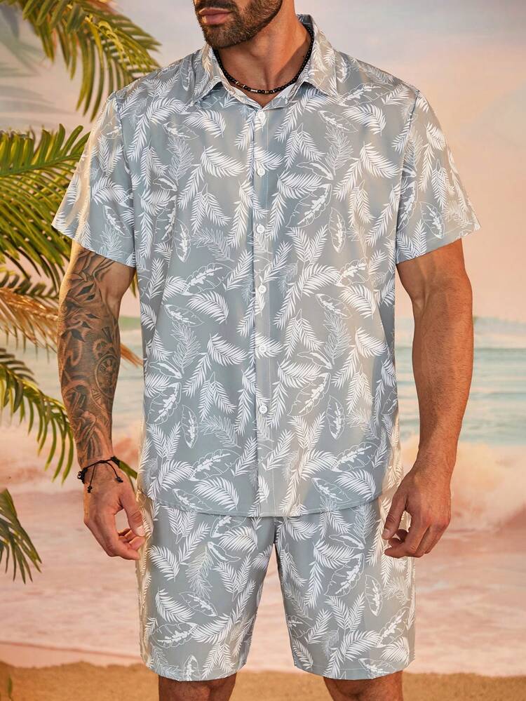 Plus Size Allover Print Button-Up Short Sleeve Shirt And Shorts Casual Set For Summer
