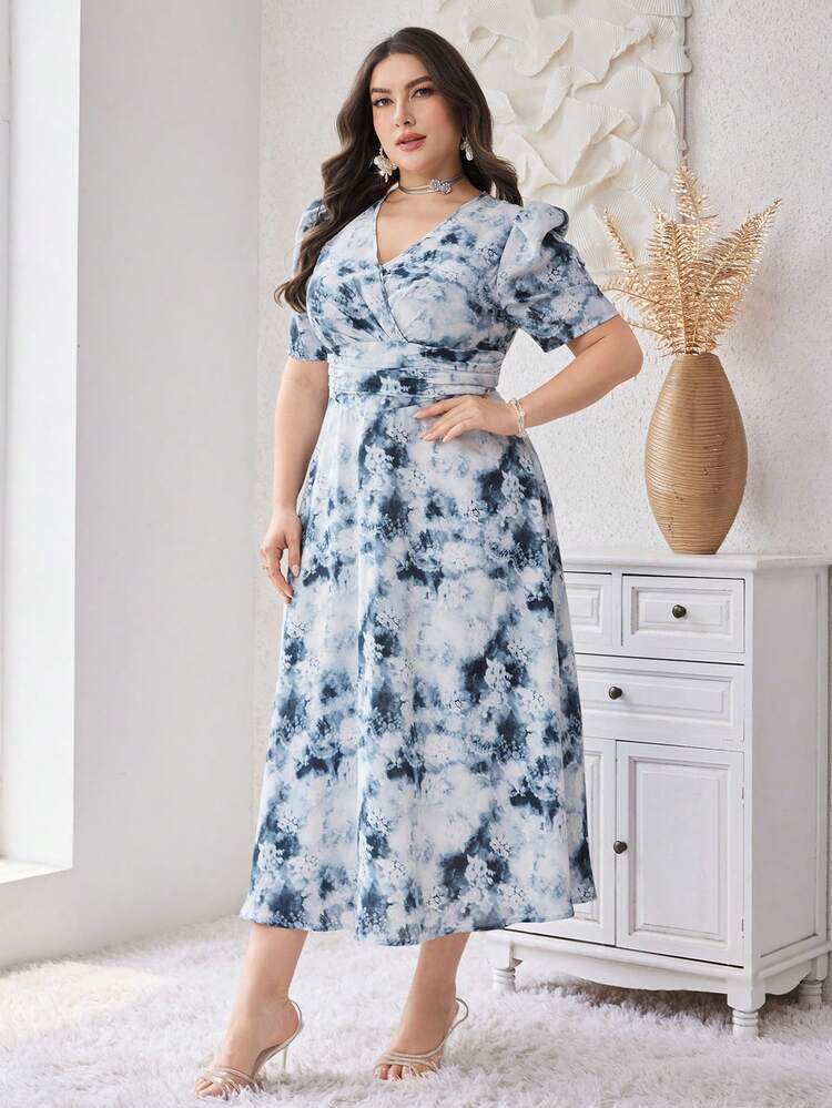 Plus Size Summer Elegant Tie-Dye Floral Printed Puff Sleeve Waist Cinched Waist Dress