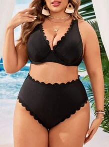 SHEIN Swim Curve 夏季海滩大码女式纯色简约日常比基尼套装 - 黑色 - 查看 1