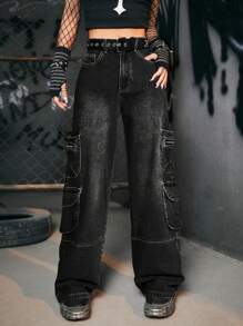 ROMWE Grunge Punk 翻盖口袋侧工装男友风牛仔裤（无腰带） - 深灰色 - 查看 3