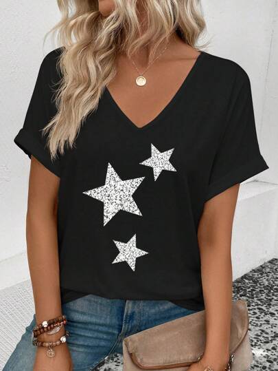 INAWLY Women's V-Neck Star Printed Loose T-Shirt With Folded Sleeves Graphic Tees Women Tops