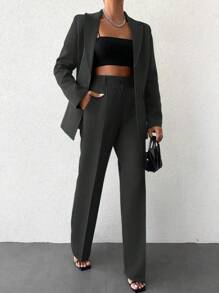 EURMUSE Solid Color Lapel Collar Suit Set