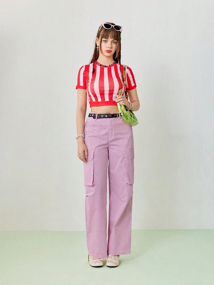 Women's Summer Casual Oversized Pocket Work Clothes, Pink Straight Leg Pants