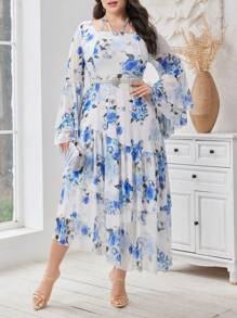Modelyn Plus Size Summer Elegant Floral Print Dress With Flare Sleeves, Elastic Waist And Asymmetrical Hem - Multicolor - View 5