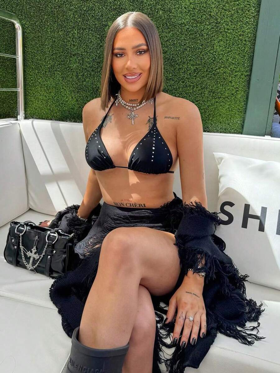 Swim SXY Summer Beach Halter Triangle Thong Bikini - Black - View 1