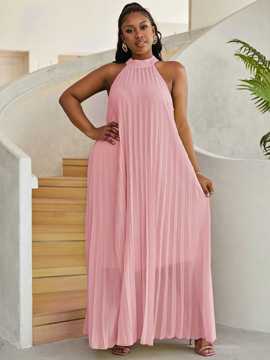 Astrid Plus Size Women Solid Color Halter Pleated Loose Fit Sleeveless Dress