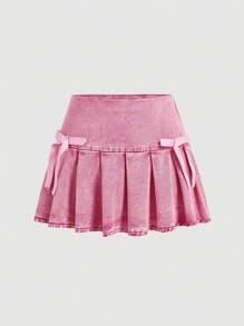 SHEIN MOD 粉桃色大碼牛仔裙，配有甜美蝴蝶結和荷葉邊，100％棉製成 - 粉色 - 查看 1