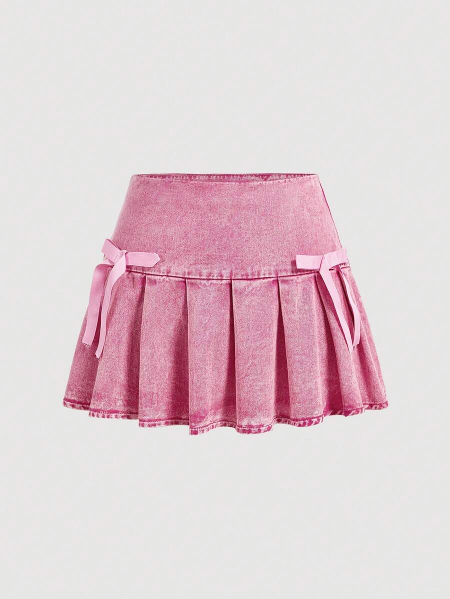 SHEIN MOD 粉桃色大碼牛仔裙，配有甜美蝴蝶結和荷葉邊，100％棉製成 - 粉色 - 查看 1