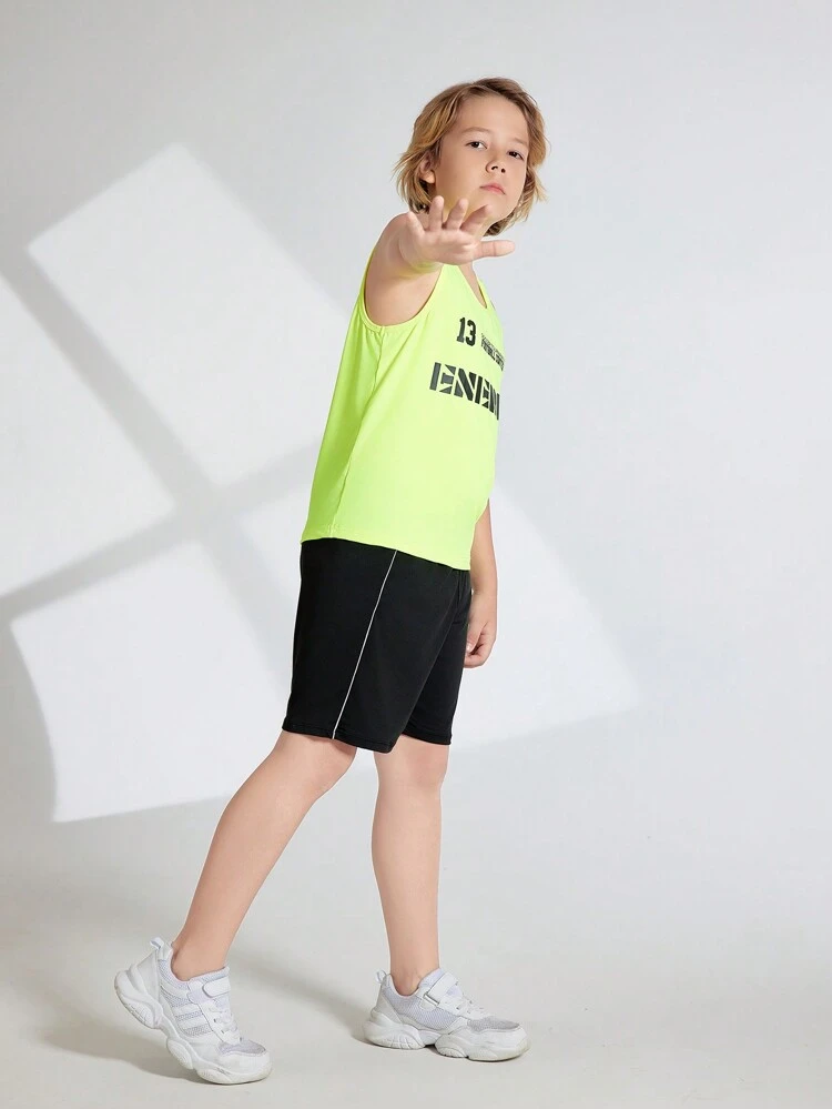 Tween Boy Fluorescent Green Tank Top, Elastic, Skin-Friendly, Comfortable, Sweat-Absorbing, Breathable, Classic, All-Match, Running