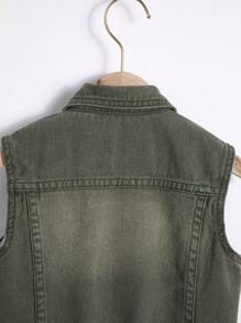 Young Boy Medium Washed Blue Distressed Denim Vest Jacket - Army Green - View 6