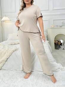 Plus Size Color Block Trimmed Front Short And Back Long Hem Split Short Sleeves And Long Pants Pajama Set - Apricot - View 4