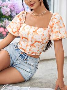 Breezaya بلوزة صيفية حلوة بأكمام منتفخة مخملية بنقش زهور - أصفر - مشاهدة 3