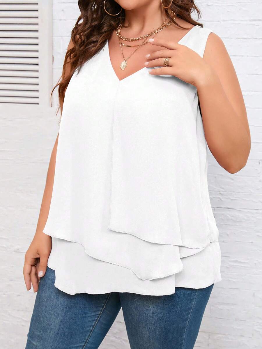 SHEIN Clasi Áo sơ mi không tay màu trơn cơ bản Plus Size dành cho nữ - trắng - Xem 1
