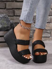 Women's High Waterproof Retro  Rope Fisherman Platform Wedge Sandals - Black - View 6