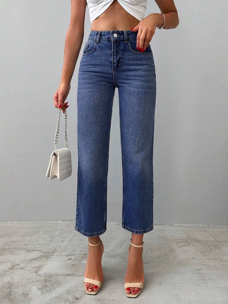 SHEIN Cottnline Jeans Casuales De Corte Recto De Color Sólido - Celeste - Ver 1