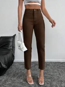 RueChic High Waist Mom Fit Jeans - Brown - View 6