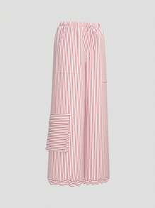 SHEIN MOD 芭蕾夏季蝴蝶结粉色条纹口袋工装裤 - 藕粉色 - 查看 3