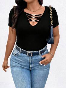 Calvaya T-shirt d"été décontracté grande taille, coupe slim, couleur unie, évidé - Noir - Voir 5