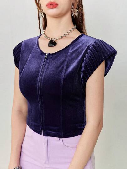 SHEINNeu 女士圓領短袖修身優雅紫色天鵝絨夏季短T恤