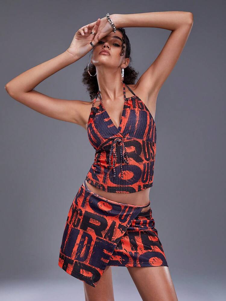 Artist Y2K Casual Printed Crop Halter Top, Slim Fit, Women, Holiday, Vacation, Spring & Summer, Beach, Going Out, Festival, Ibiza Fits, Western Wear