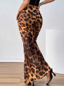 SHEIN Privé 女士豹紋透視高低不對稱裙，低腰款式 - 彩色 - 查看 2