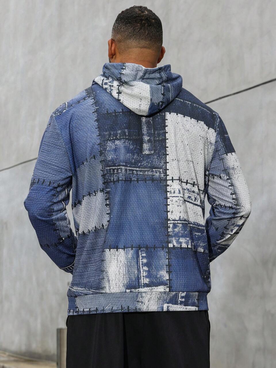 Men Plus Size Casual Hooded Pullover With Patchwork And Printed Design For Summer