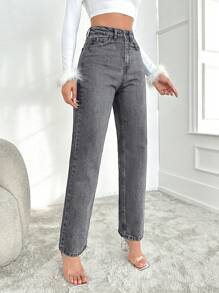 SHEIN Cottnline Jeans De Mujer Con Cremallera Y Trabillas Con Botones - Gris - Ver 4