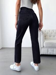 SHEIN PETITE Cao eo Nút Bay Quần legging thẳng - màu đen - Xem 2