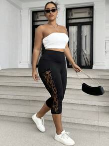 Elenzga Plus Size Women's Solid Color Lace Splicing Slim Fit Capri Leggings