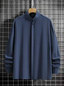 Manfinity Homme 男士春夏季純色立領長袖休閒日常通勤襯衫 - 藏蓝色 - 查看 3