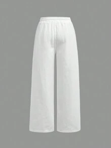 SHEIN Girlism Jeans casual com cordão na cintura e pernas largas para meninas pré-adolescentes com bolso remendado, roupas de verão para meninas