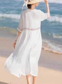 SHEIN Essnce Loose Fit A-Line White Dress In Summer Hawaiian Style - White - View 2