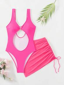 SHEIN Swim Women's One-Piece Swimsuit Set, 2pcs Summer - Hot Pink - View 4