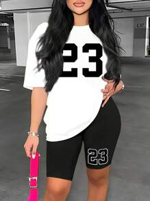 Zolique 女装时尚夏季黑白撞色23印花短袖短裤两件套 - 黑與白 - 查看 1