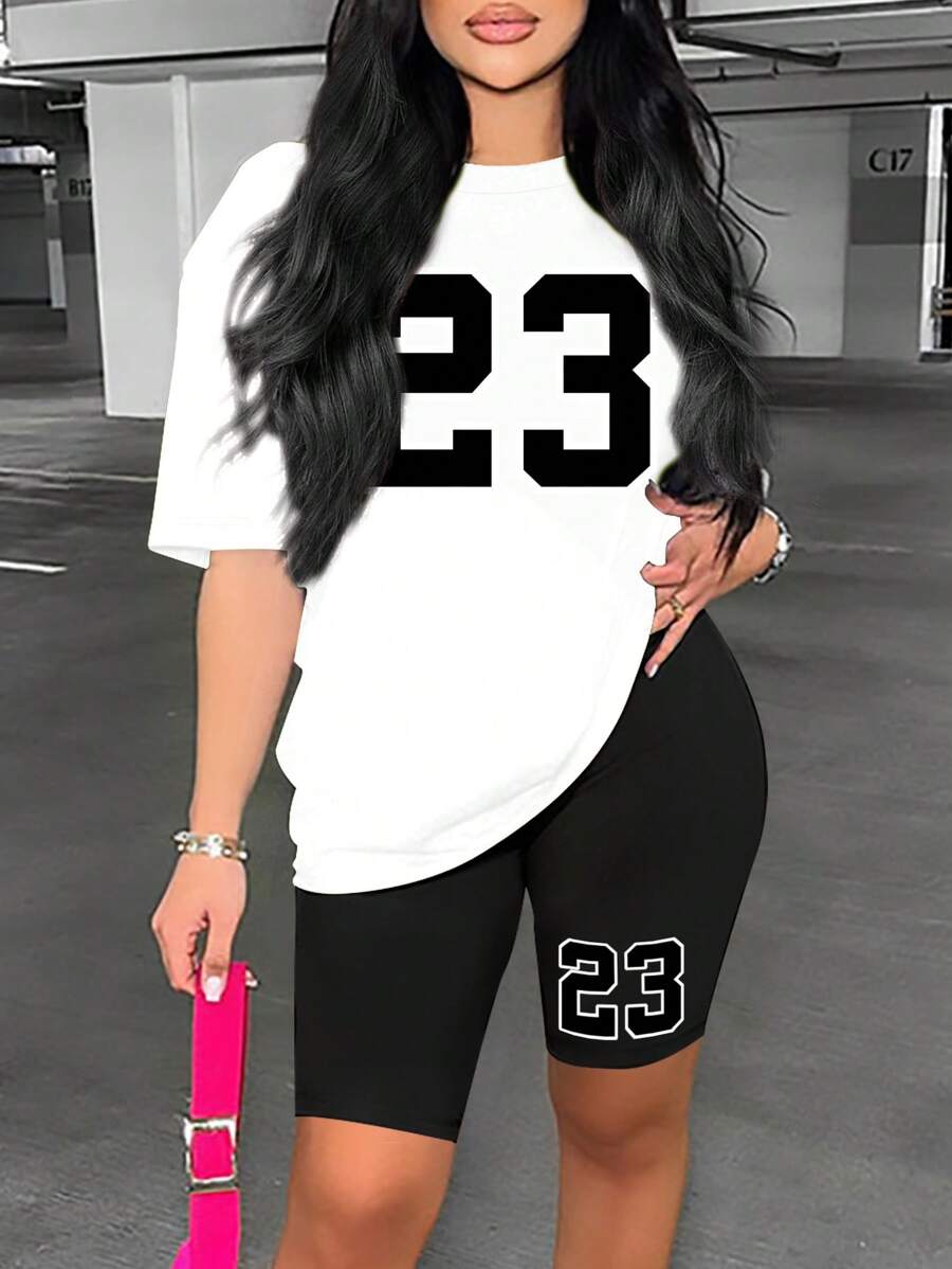 Zolique 女装时尚夏季黑白撞色23印花短袖短裤两件套 - 黑與白 - 查看 1