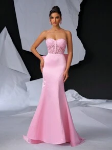 Glamrae 优雅甜美露肩浪漫透视 3D 串珠蕾丝刺绣高腰修身连衣裙，可调节后系带和可拆卸蝴蝶结和鱼尾连衣裙，适合晚会舞会半正式婚礼宾客礼服，适合生日、毕业典礼、返校节 - 粉色 - 查看 7