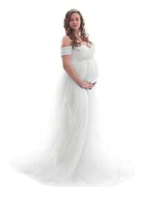 Maternity Mesh Splicing Lace Dress For Photoshoot Baby Shower - White - View 5