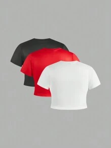 SHEIN MOOSTA Plus Size Round Neck Contrast Letter & Number Print Short Sleeve T-Shirt For Summer - Multicolor - View 2