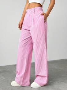 SHEIN EZwear Pantalon droit décontracté à rayures roses pour un style décontracté à la maison - Rose bonbon - Voir 4