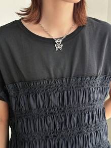 FRIFUL Women's Summer Solid Color Round Neck Short Sleeve T-Shirt With Ruffled Hem